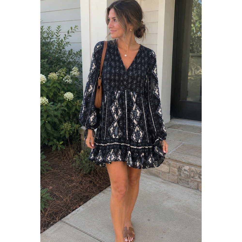 Free People Viole Bay Geometric V-Neck Boho Babydoll Dress V-neck Women's Size M